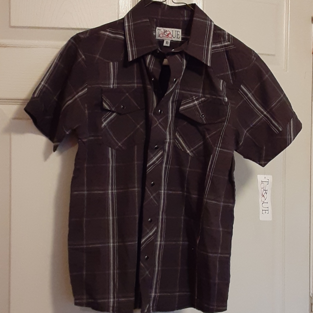 Boys gray shirt, silver stripes w/snap buttons